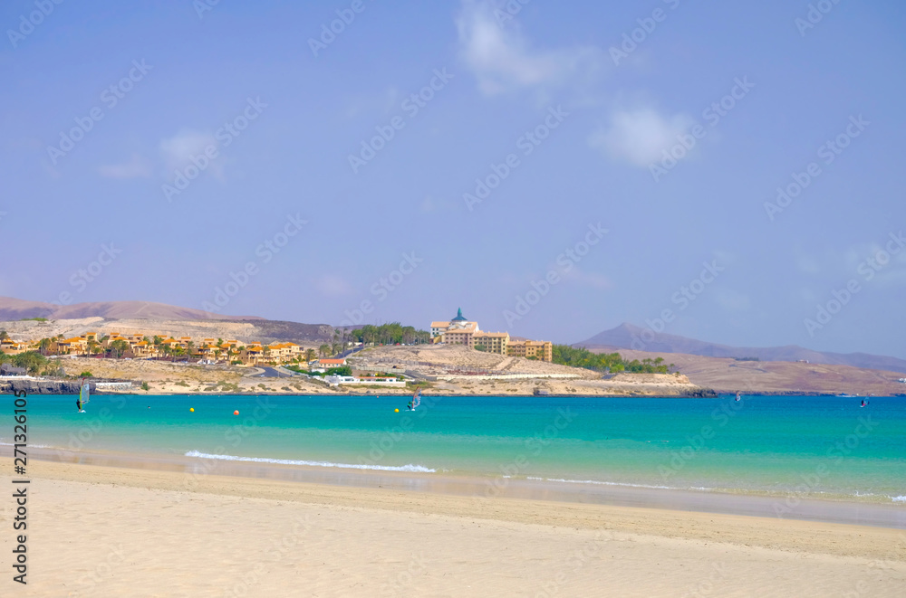 Beach Costa Calma on Fuerteventura with resorts, Canary Islands.