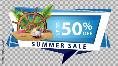 Summer sale, discount web banner in geometric style with steering wheel of the ship in the sand, palm leaves and pearl