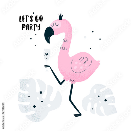Fototapeta Naklejka Na Ścianę i Meble -  Cute lovely flamingo bird with cocktail in paradise summer jungle beach. Lets go party. Summer travel, holiday, birthday card. Good for print, poster, card, decoration, textile, texture and souvenir