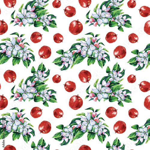 Watercolor seamless pattern branches of the Apple tree, Apple blossom and apples.