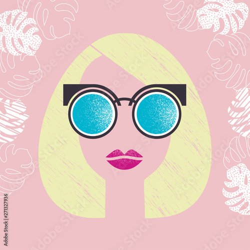 vector illustration of girl's face with glasses, flat design