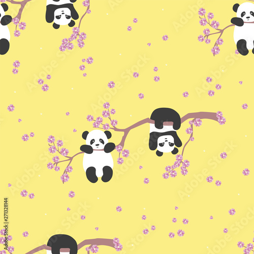 seamless pattern vector illustration of cute little Panda on Sakura tree branch, flat design