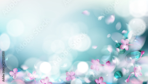 Green mystery spring background with magic purple blurred flower petals and leaves vector illustration