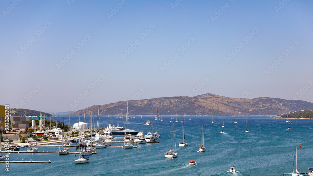 Marina full of boats in Adriatic sea in summer, Croatia