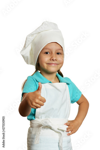 Portrait of little girl wearing chef uniform isolated on white background