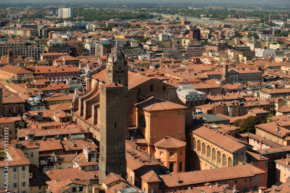 Fototapeta premium Aerial panoramic cityscape of Bologna, Italy, above rooftops of typical houses, ancient buildings and medieval towers