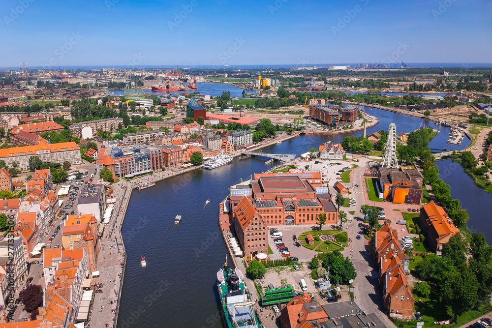 Aerial view of Gdansk old town in summer scenery, Poland
