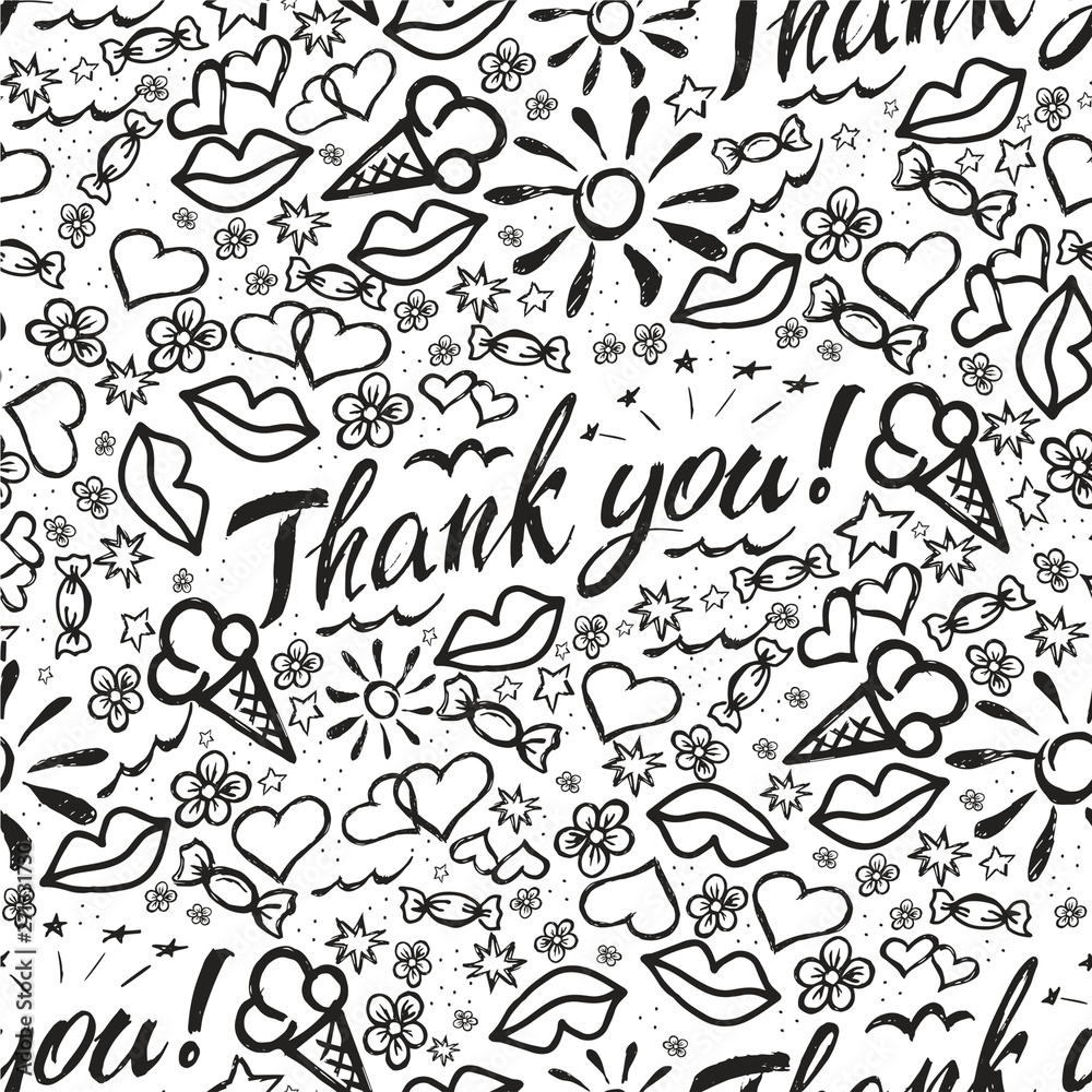 Seamless picture with hand drawing. Thank you. Sketch vector set.