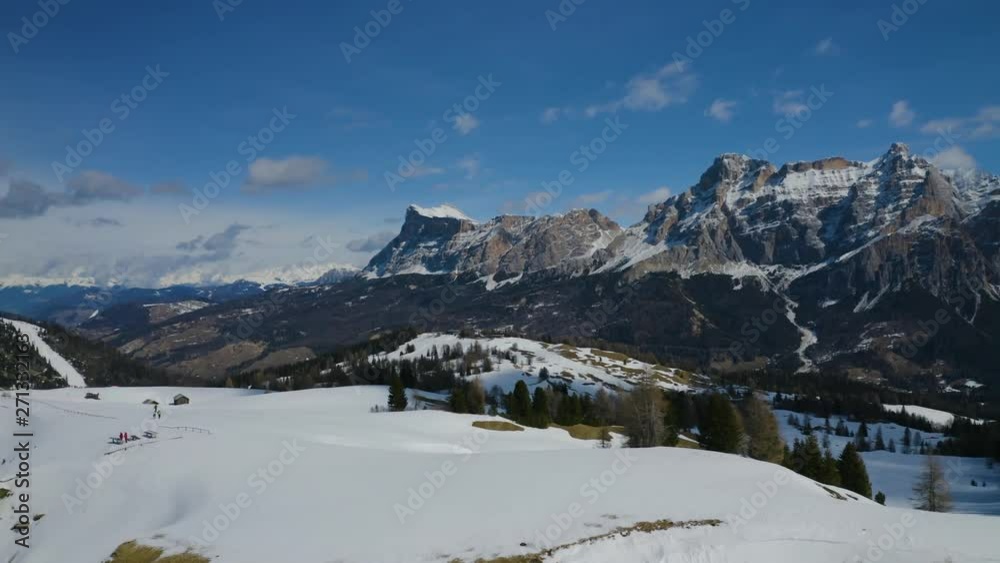 Aerial, winter landscape in Dolomites mountains on a sunny day in Italy Aerial, winter landscape in Dolomites mountains on a sunny day in Italy