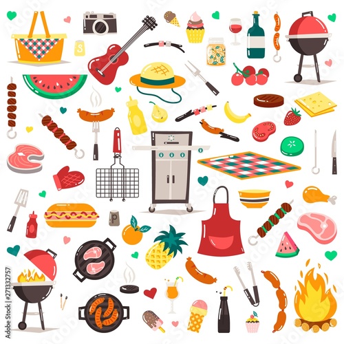 Summer, spring barbecue grill and picnic icons set. Snacks, vegetables, healthy food. Meat, sausages, bottles with sauces and other grill tools. Party items, decorations. Isolated on white background.