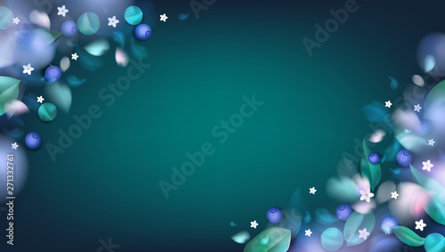 Green forest background with blurred flower petals, blueberry and spring leaves vector illustration