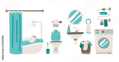 Vector cartoon bathroom interior background template. Modern home, hotel apartment lavatory, restroom with furniture and hygiene accessories. Mirror over the sink.