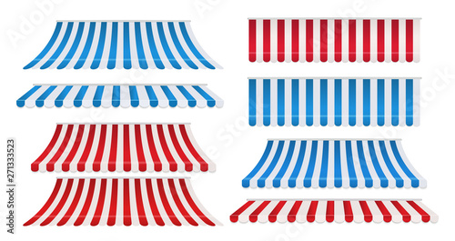Set of red and white, blue and white strip colorful awnings for shop. Tent sunshade for market isolated on white background.