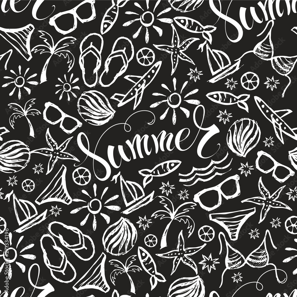 Naklejka premium Seamless pattern with hand drawing. Summer. Sketch vector set.