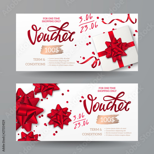 Set of elegant gift vouchers with realistic box, round confetti, red ribbons and 3d bows. Vector festive template for design of gift card, coupon and holiday certificate. Isolated from the background.