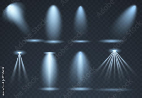Large set of Blue scene illumination, transparent effects. Bright lighting with spotlights collection.