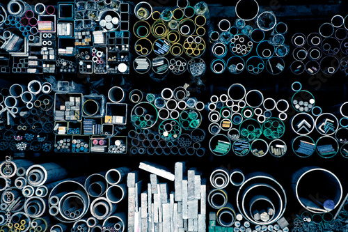 Canvas Print Close up various shape industrial steel products of metal profiles and tubes on