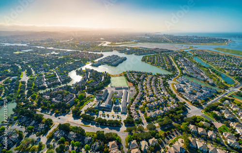 Aerial view of residential real estate homes in Foster City, CA