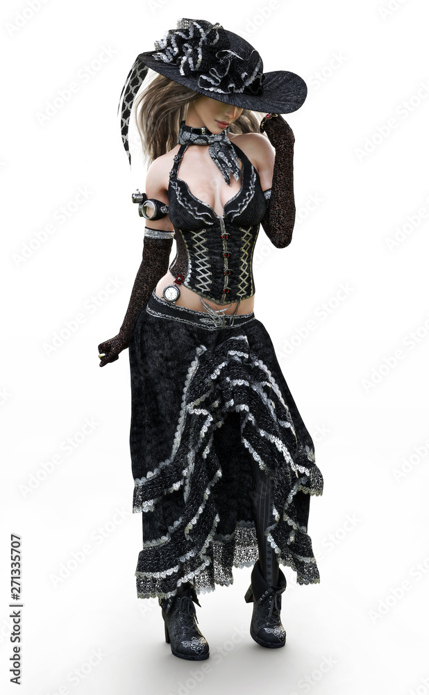 Portrait of a beautiful steampunk dressed woman in traditional clothing posing on a white background. 3d rendering Portrait of a beautiful steampunk dressed woman in traditional clothing posing on a white background. 3d rendering