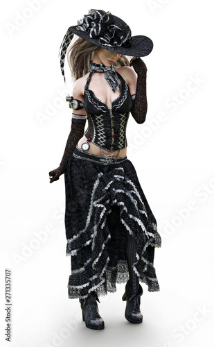 Portrait of a beautiful steampunk dressed woman in traditional clothing posing on a white background. 3d rendering
