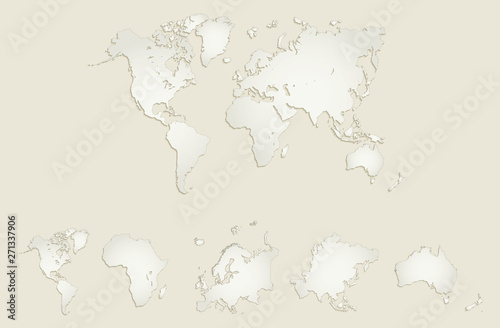 World continents map, America, Europe, Africa, Asia, Australia, old paper blank