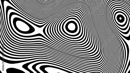 Optical illusion wave. Abstract 3d black and white illusions. Horizontal lines stripes pattern or background with wavy distortion effect. Vector illustration.