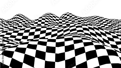 Optical illusion wave. Chess waves board. Abstract 3d black and white illusions. Horizontal lines stripes pattern or background with wavy distortion effect. Vector illustration.