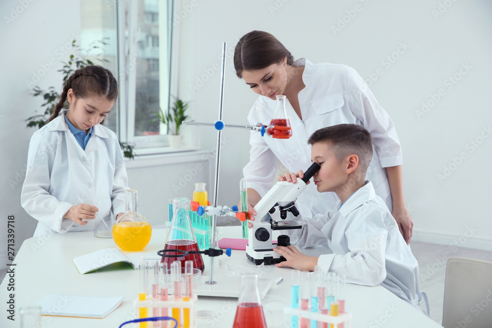 Pupils with their teacher at chemistry lesson in classroom