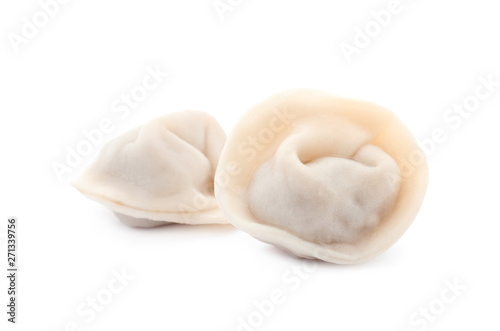 Tasty fresh boiled dumplings on white background