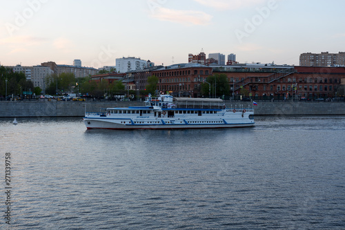 Moscow, Russia, May 2, 2019. The motor ship sailing in the evening on the Moscow River