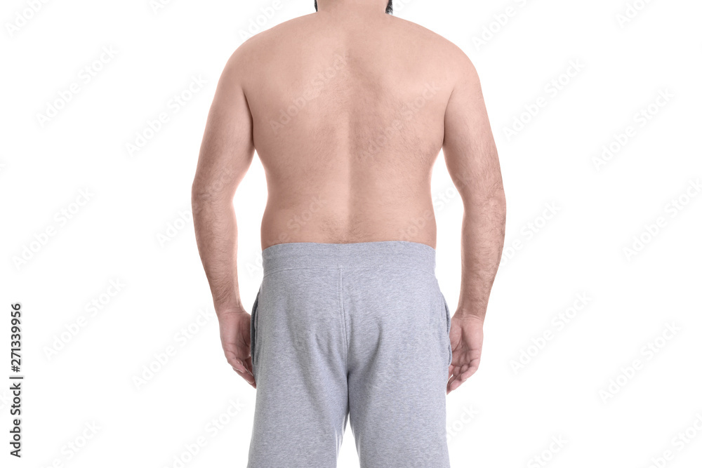 Fototapeta premium Overweight man isolated on white, closeup. Weight loss