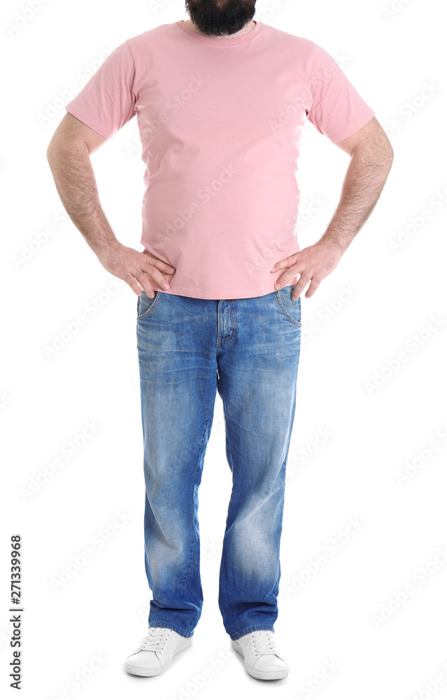 Overweight man isolated on white, closeup. Weight loss Overweight man isolated on white, closeup. Weight loss