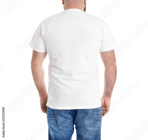 Overweight man isolated on white, closeup. Weight loss