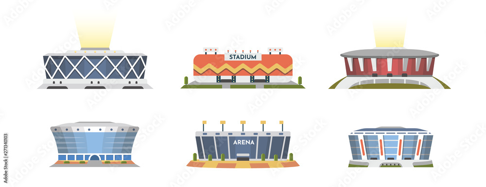 Sport stadium front view vector collection in cartoon style. City arena exterior illustration. - obrazy, fototapety, plakaty 