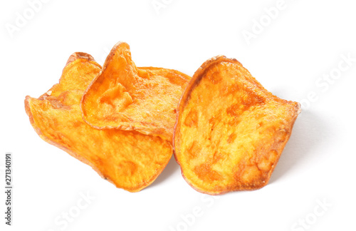 Tasty sweet potato chips isolated on white