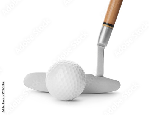 Hitting golf ball with club on white background