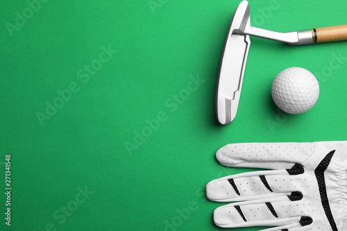 Set of golf equipment on color background, flat lay. Space for text