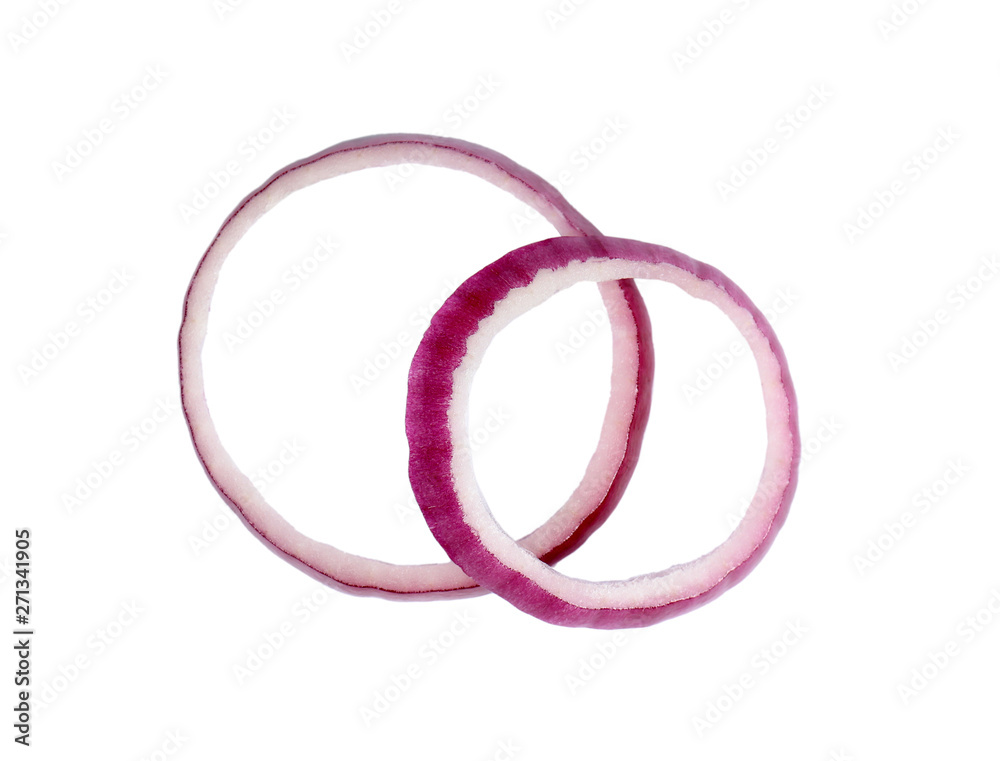 Red onion rings on white background, top view