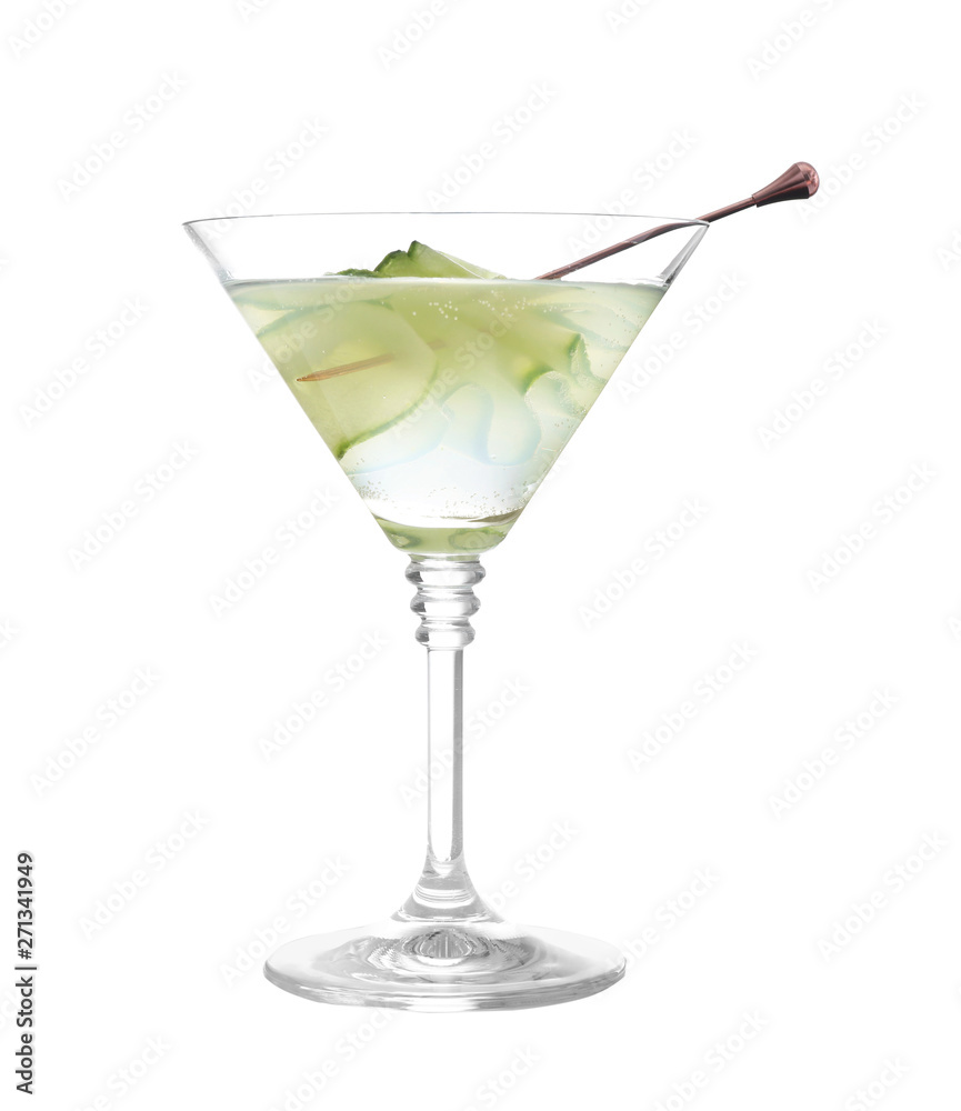Glass of tasty martini with cucumber on white background