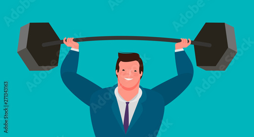 Businessman raises heavy barbell up. Business vector illustration