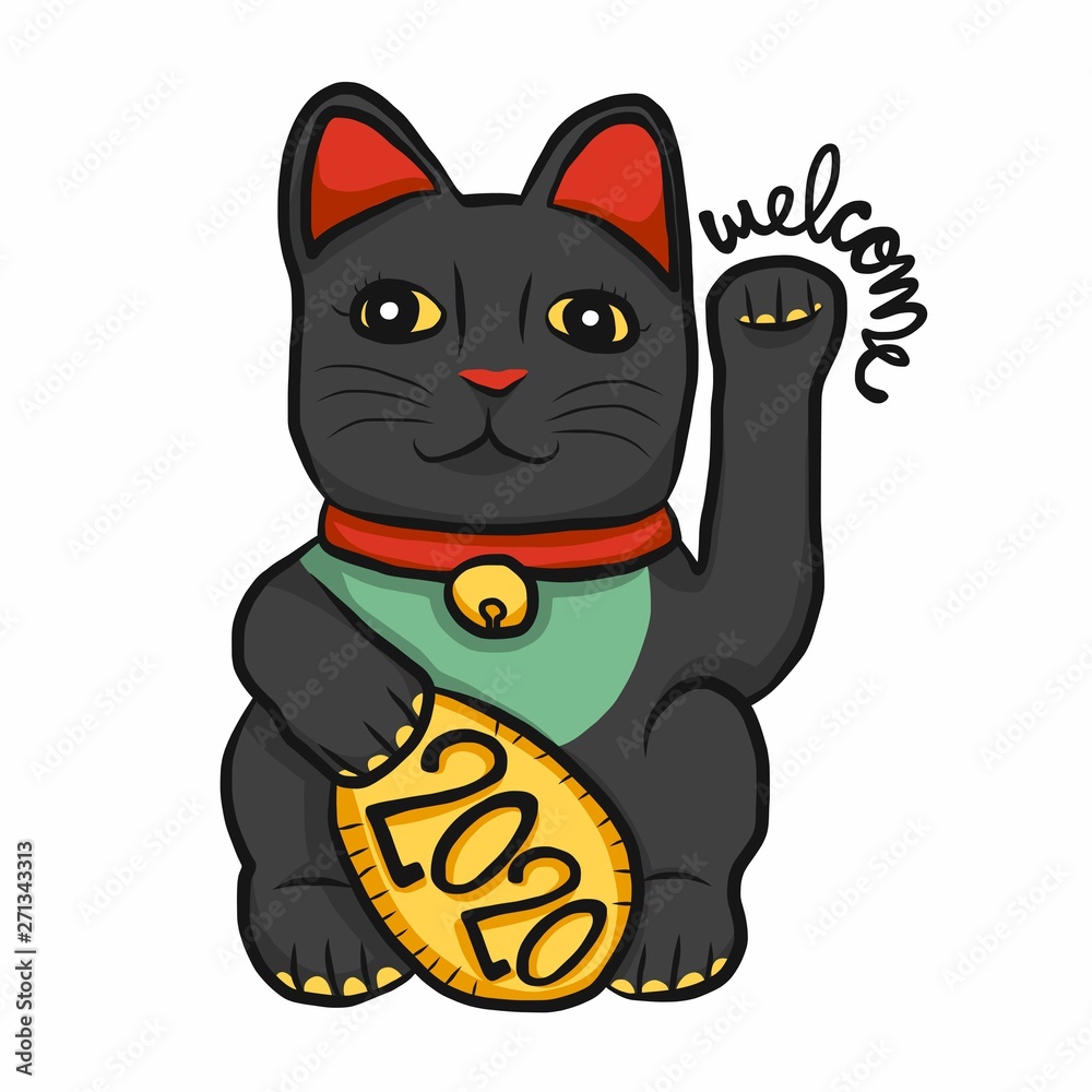 Lucky cat (Maneki Neko) black color welcome 2020 cartoon vector illustration