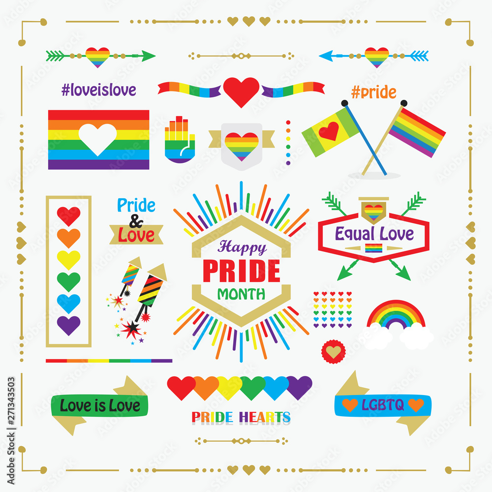Happy Pride Month rainbow flags, icons, emblems, and design elements set on white background