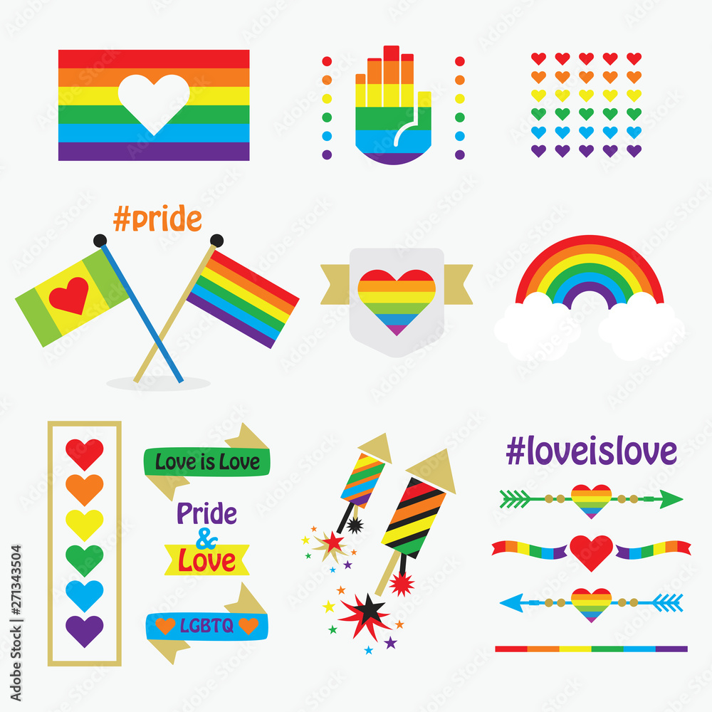 Pride rainbow flags, icons, emblems, dividers, and design elements set on white background