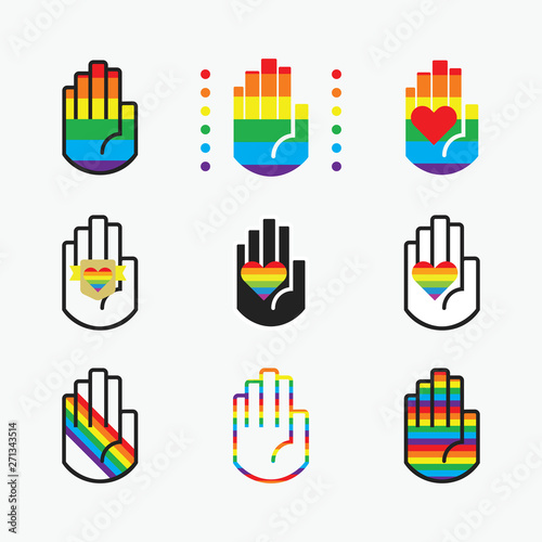 Conceptual pride rianbow color hands icons with hearts icons set on off white background photo