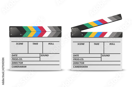Vector 3d Realistic Blank Closed and Opened Movie Film Clap Board Icon Set Closeup Isolated on White Background. Design Template of Clapperboard, Slapstick, Filmmaking Device. Front View