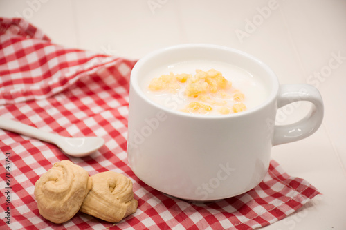 Mazamorra of corn and milk, traditional Colombian food.