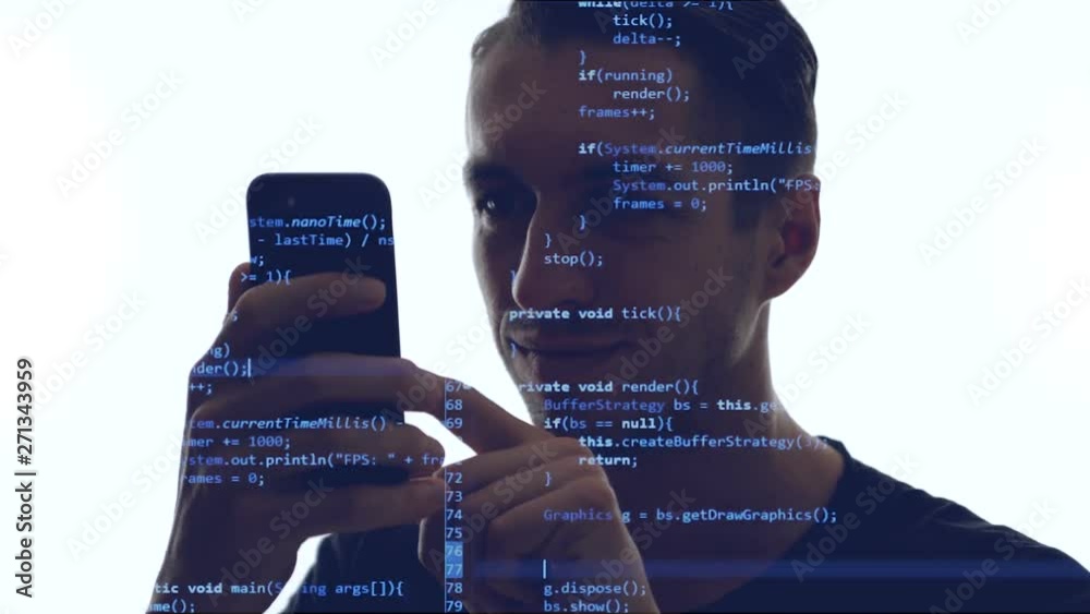 Double exposition of man programmer using smartphone with blue code on him. Concept development app for a smartphone.