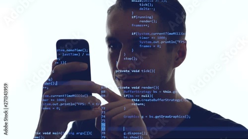 Double exposition of man programmer using smartphone with blue code on him. Concept development app for a smartphone.