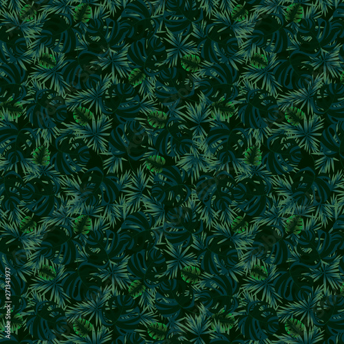 Pattern with leaves of different shapes and different shades of green on a dark green background