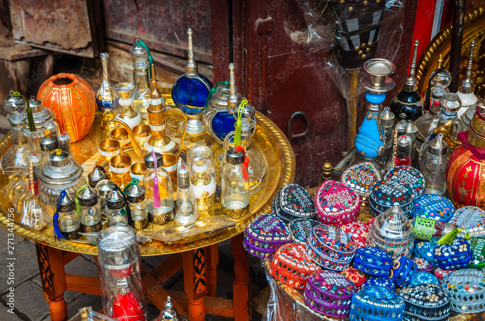 Traditional moroccan souvenirs on market in Fes, Morocco